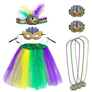8pcs Mardi Gras Costume Set Tutu Skirt Headband Masquerade Mask Beads🤎